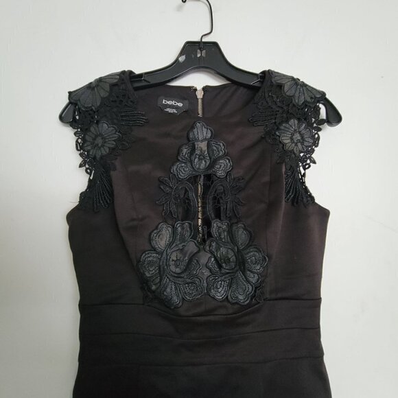 Bebe Black Floral Lace Cap Sleeve Exposed Back Silver Zipper Satin Mini Dress XS - Picture 4 of 12